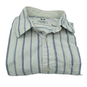 Aeropostale A87 Medium Men's White Striped Button Up Long Sleeve Shirt Cotton